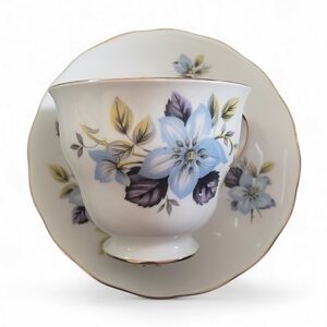 Queen Anne Tea Cup & Saucer 1950s Bone China Blue Flowers #8301 Ridgway England